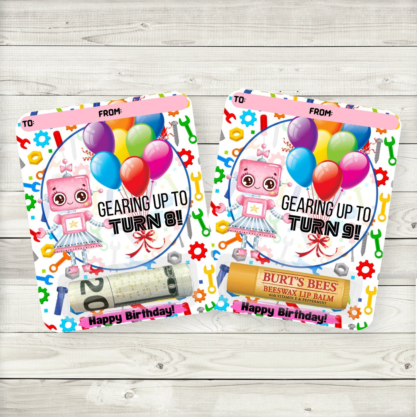 pink robot birthday money card holders|robot party lip balm party favors