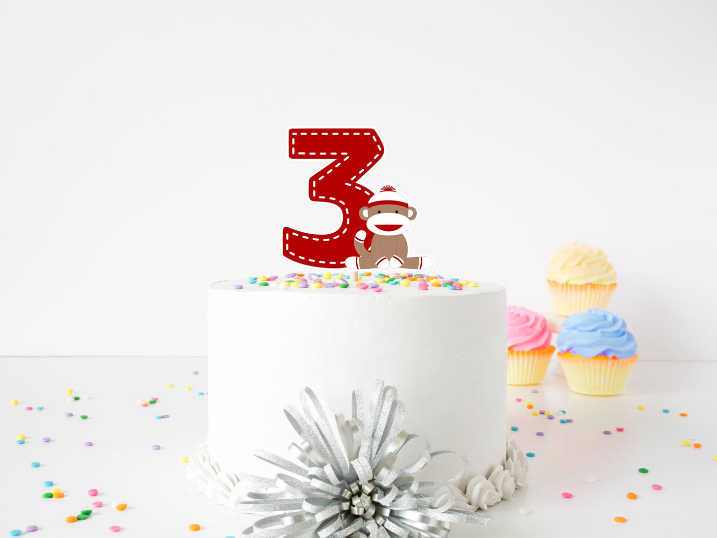 sock monkey birthday cake topper|third birthday monkey party