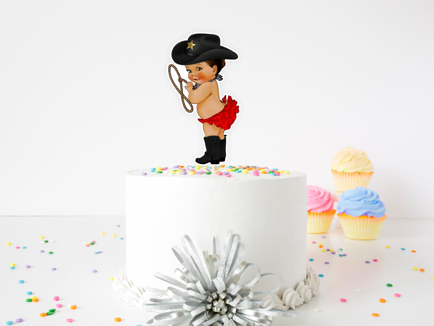 cowgirl cake topper|cowgirl birthday theme|cowgirl baby shower theme|rodeo cake topper|western cowgirl rodeo theme|brunette tan cowgirl red