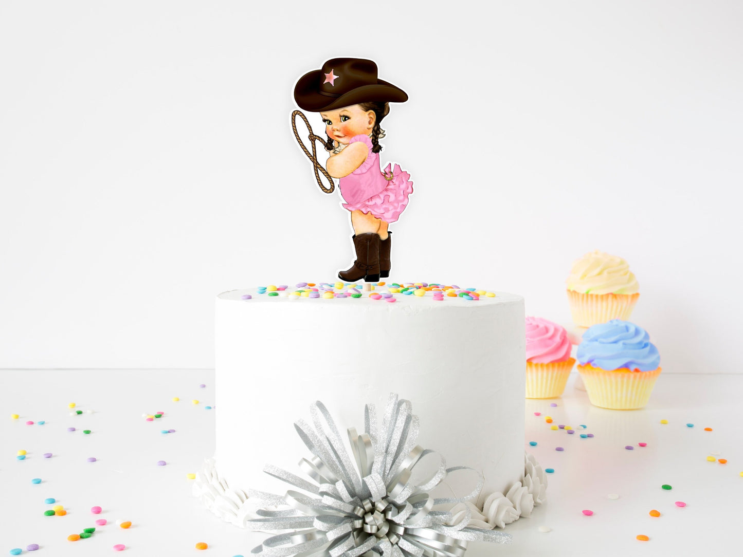 cowgirl cake topper|cowgirl birthday theme|cowgirl baby shower theme|rodeo cake topper|western cowgirl rodeo theme|brunette cowgirl|bwnpnk