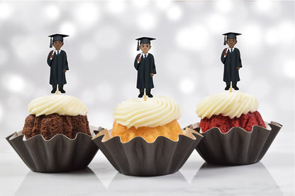 Cute African American Male Graduation Party Cupcake Toppers (Set of 12)