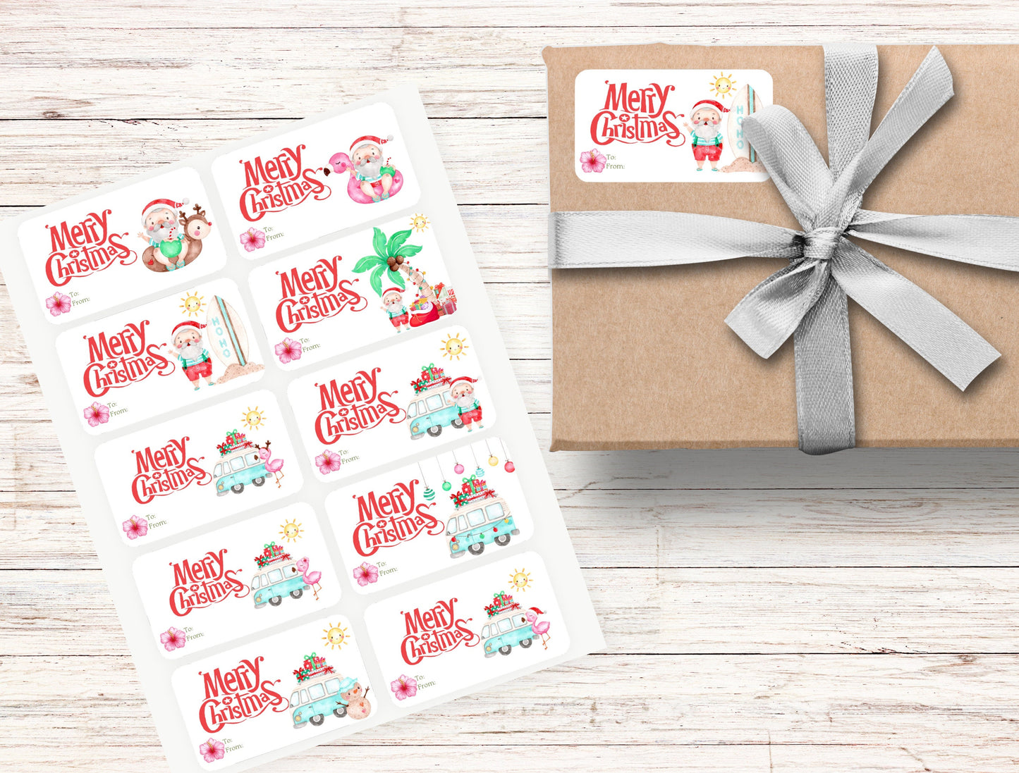 tropical christmas gift tag stickers | hawaiian christmas gift stickers | christmas in hawaii | mele kalikimaka | 3” x 1.7” sheet of 10