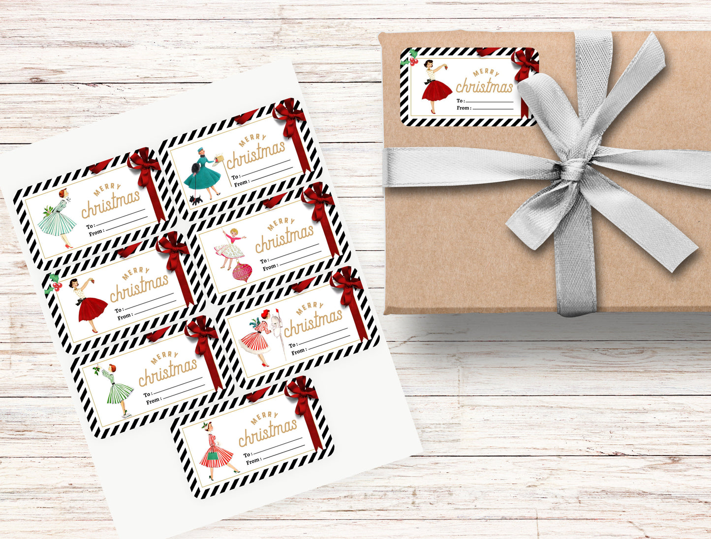 vintage 1950’s christmas gift tag stickers | retro christmas gift stickers | retro stickers | retro present stickers | 3” x 1.7” sheet of 7