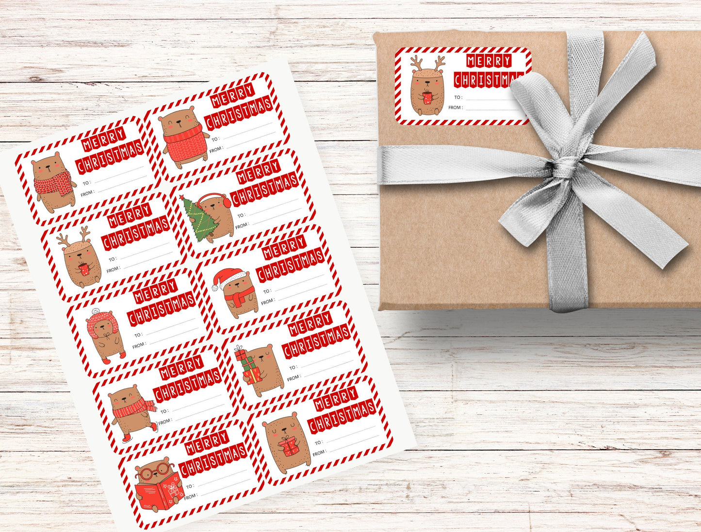 brown bear christmas doodle gift tag stickers | christmas gift stickers | christmas label stickers | stickers | winter animals | 3” x 1.7”