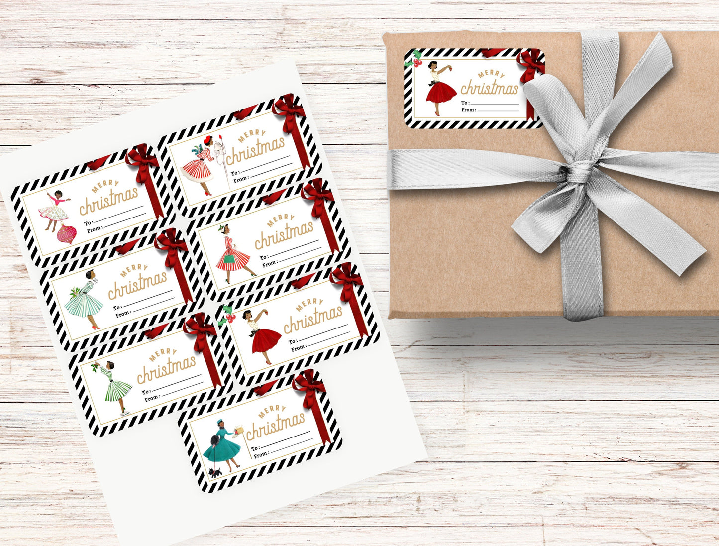 retro african american christmas tag stickers | cute christmas gift stickers | retro gift stickers | present stickers | 3” x 1.7” sheet of 7