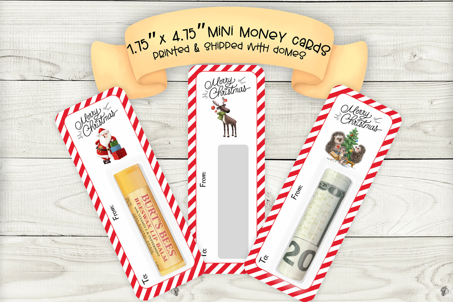 mini christmas cash money card holders | lip balm party holders | santa moose hedgehog edition