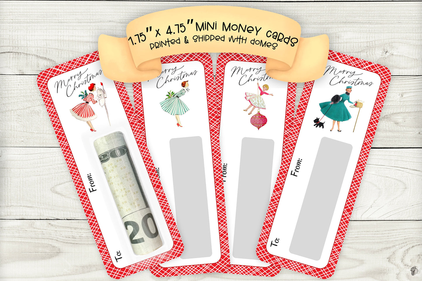 mini money cards | retro mid century christmas cash holder caucasian set 1