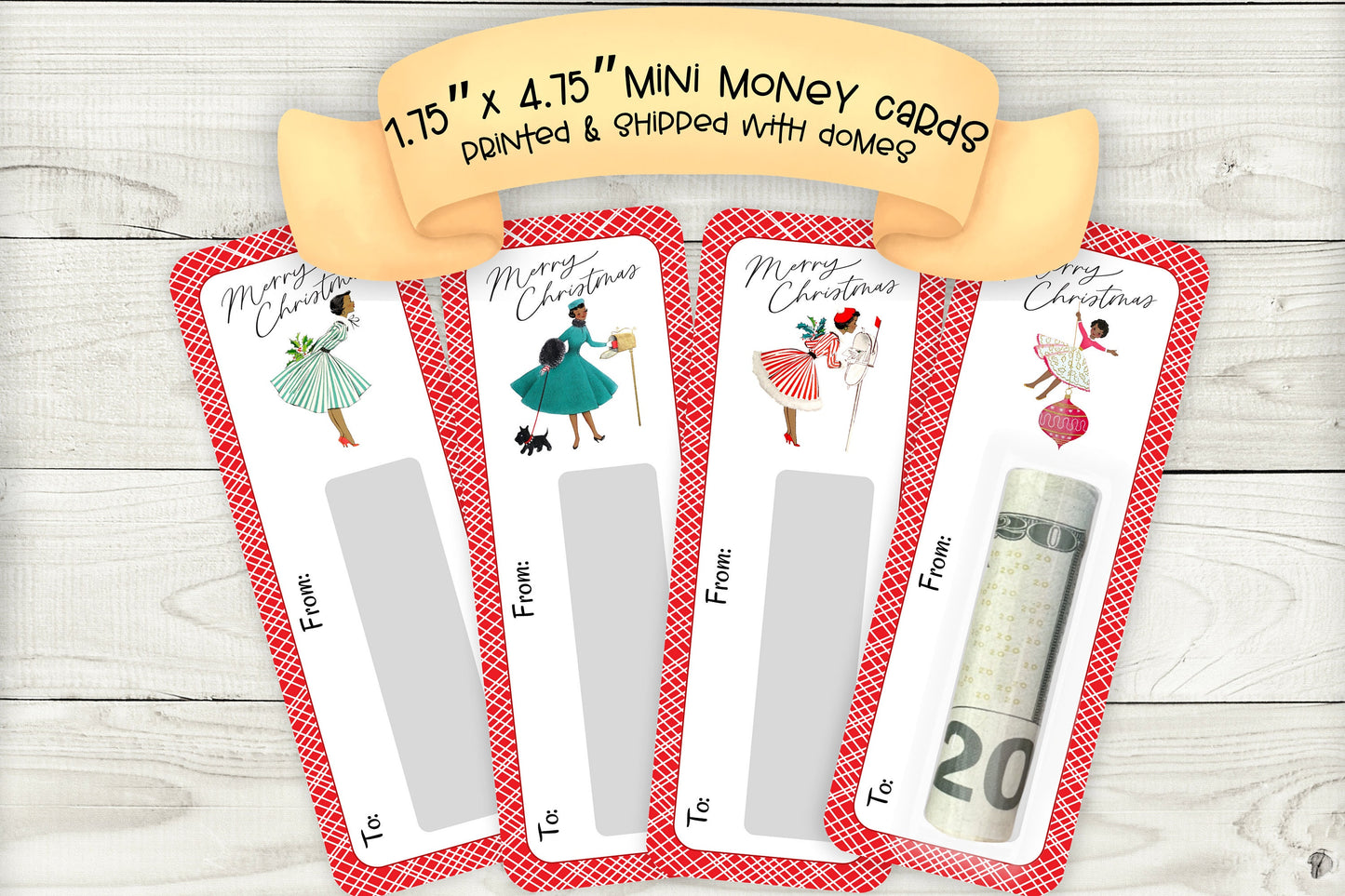 mini money cards | retro mid century christmas cash holder african american set 1