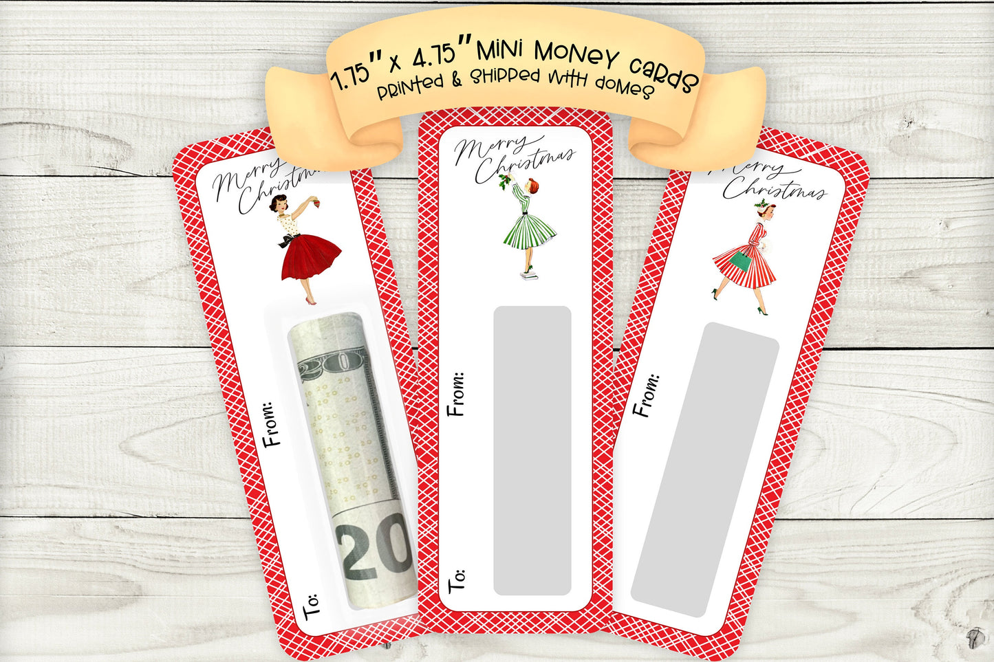 mini money cards | retro mid century christmas cash holder caucasian set 2