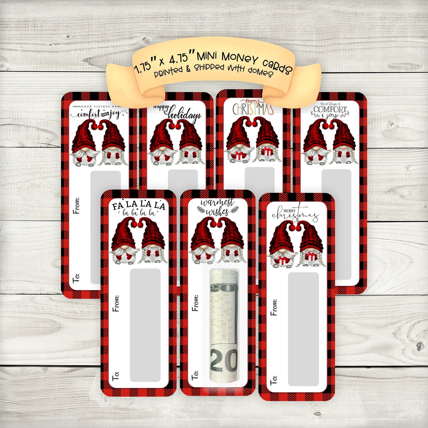 mini money cards | black and red buffalo plaid gnome money holders | christmas cash | christmas gonk