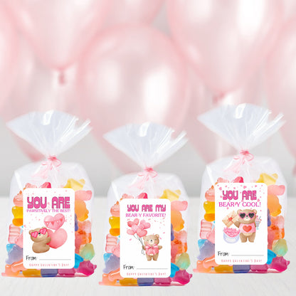 Valentine's Day Brown Bear Cards or Stickers: Kids Classroom Party Favors (Set of 12)