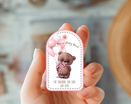 Thank You Beary Much Baby Shower Favor Tags, Teddy Bear Themed Hang Tags, Pink and Brown Baby Shower Favor Tags, Set of 6 SPB01