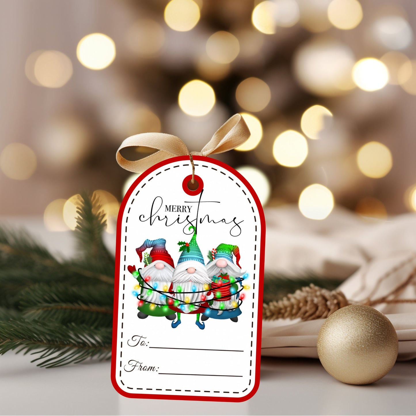 delightful christmas gnomes wrapped in lights gift tag (set of 6)