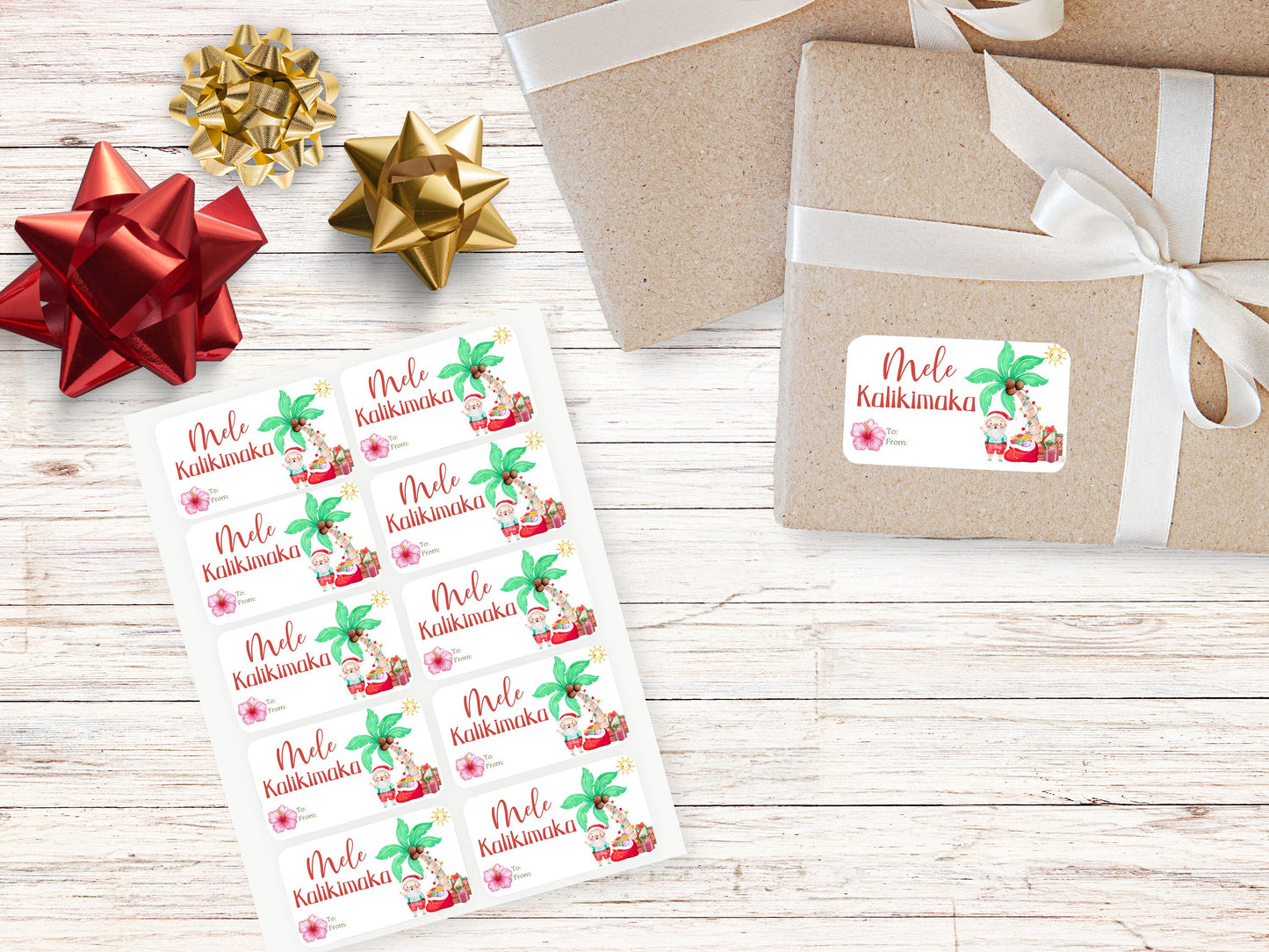 mele kalikimaka, santa gift tag stickers, tropical christmas, hawaiian christmas gift stickers, christmas in hawaii, 3” x 1.7” sheet of 10