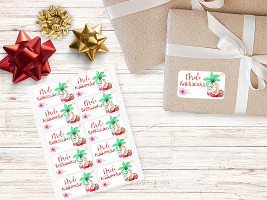 Mele Kalikimaka, Santa Gift Tag Stickers, Tropical Christmas, Hawaiian Christmas Gift Stickers, Christmas in Hawaii, 3” x 1.7” Sheet of 10