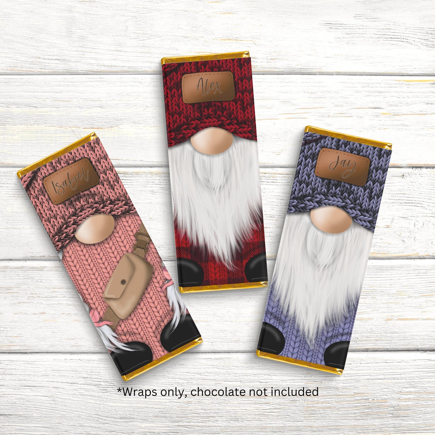 personalized gnome chocolate bar candy wrappers, candy wrappers, chocolate bar wrappers, chocolates bar labels