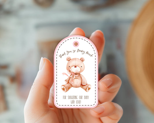 Thank You Beary Much Baby Shower Favor Tags, Teddy Bear Themed Hang Tags, Pink and Brown Baby Shower Favor Tags, Set of 6 SPB02