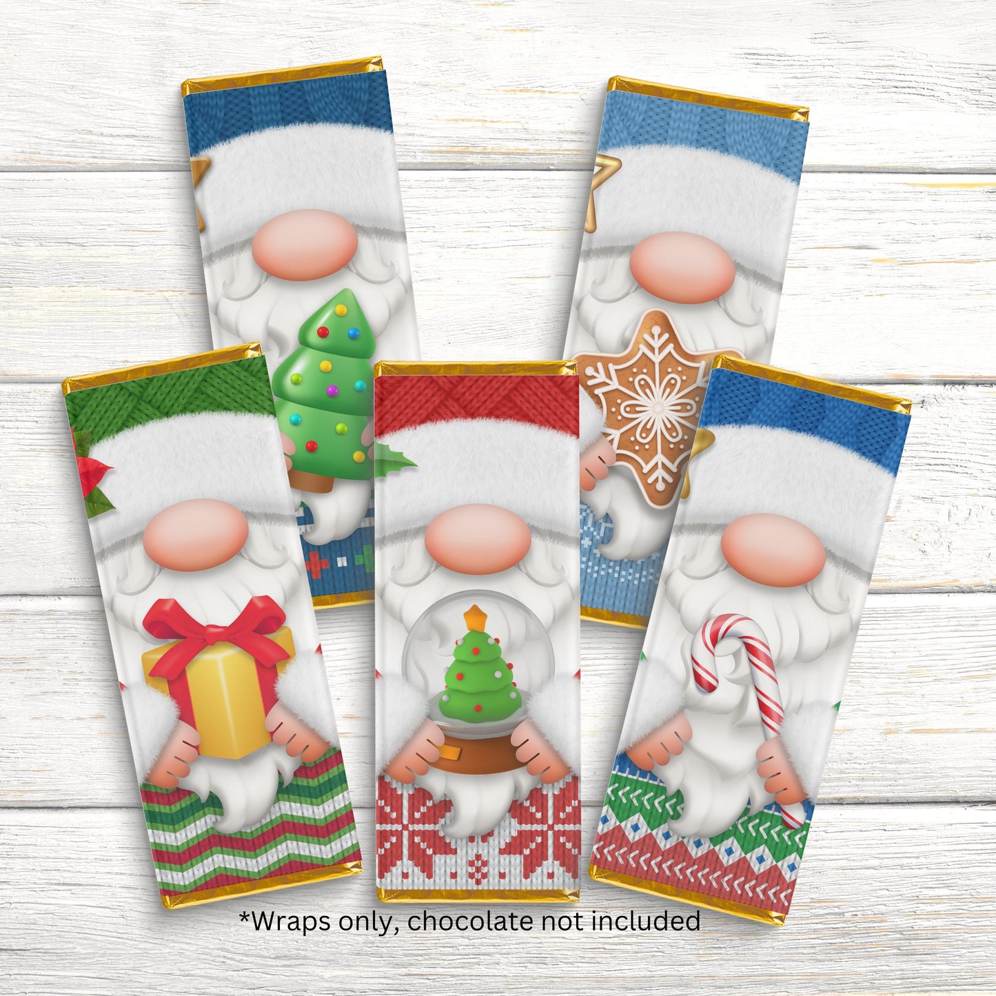 christmas gnome chocolate bar candy wrappers, candy wrappers, chocolate bar wrappers, chocolates bar labels, male gnomes