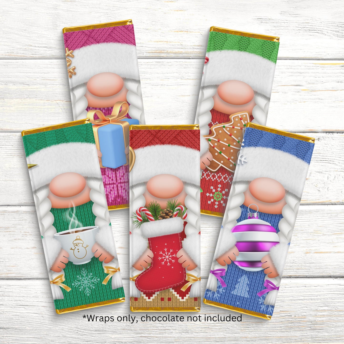 christmas gnome chocolate bar candy wrappers, candy wrappers, chocolate bar wrappers, chocolates bar labels, girl gnomes