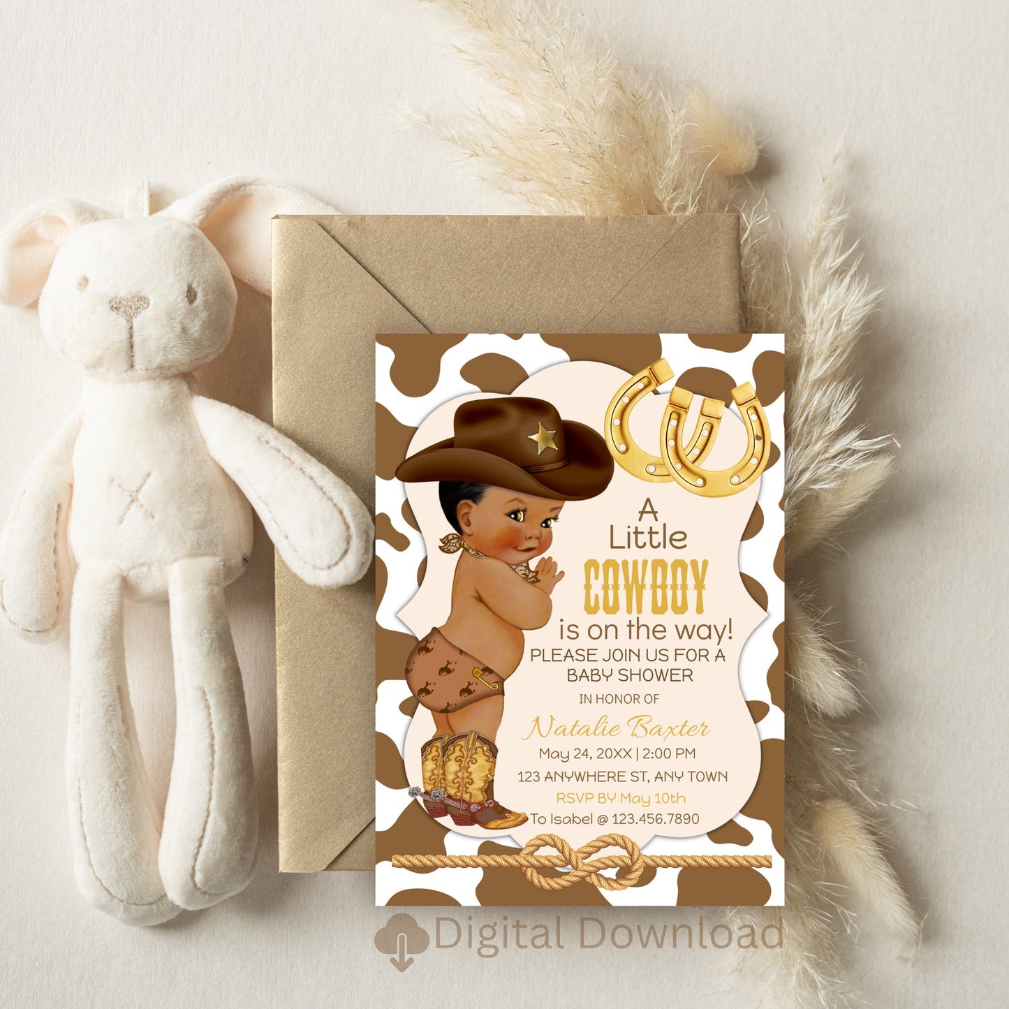 editable 5x7 african american rustic cowboy baby shower invitations, western theme baby shower, it’s a cowboy y’all