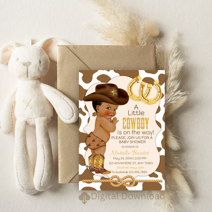 Editable 5x7 African American Rustic Cowboy Baby Shower Invitations, Western Theme Baby Shower, It’s a Cowboy Y’all