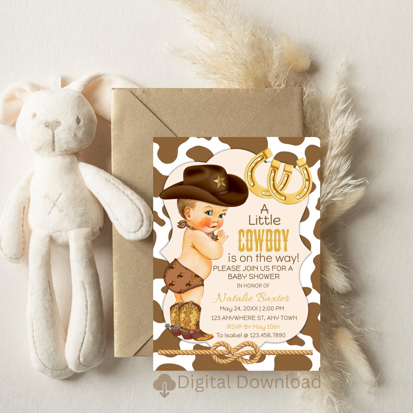 editable 5x7 western theme baby shower, rustic blonde cowboy baby shower invitations, it’s a cowboy y’all