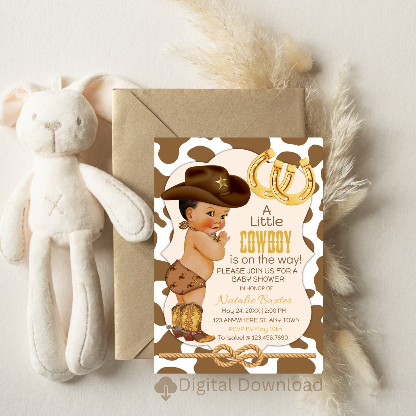 printable 5x7,it’s a little cowboy western theme baby shower,editable rustic tan brunette cowboy baby shower invitations