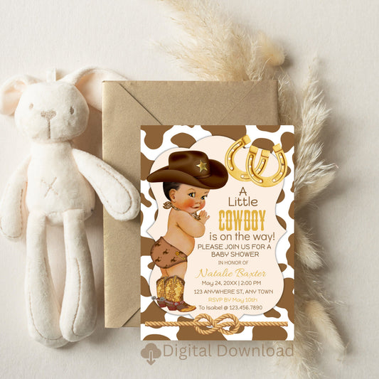 Printable 5x7,It’s A Little Cowboy Western Theme Baby Shower,Editable Rustic Tan Brunette Cowboy Baby Shower Invitations