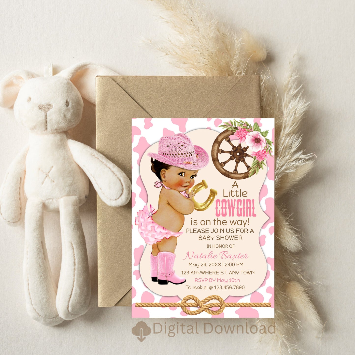 a little cowgirl rustic baby shower invitation, printable and editable 5x7 western baby shower invitation, tan brunette, pink cow print