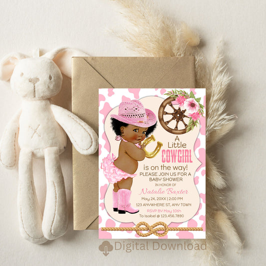 Cowgirl Baby Shower Invitations: Western Theme, African American (Digital Download)