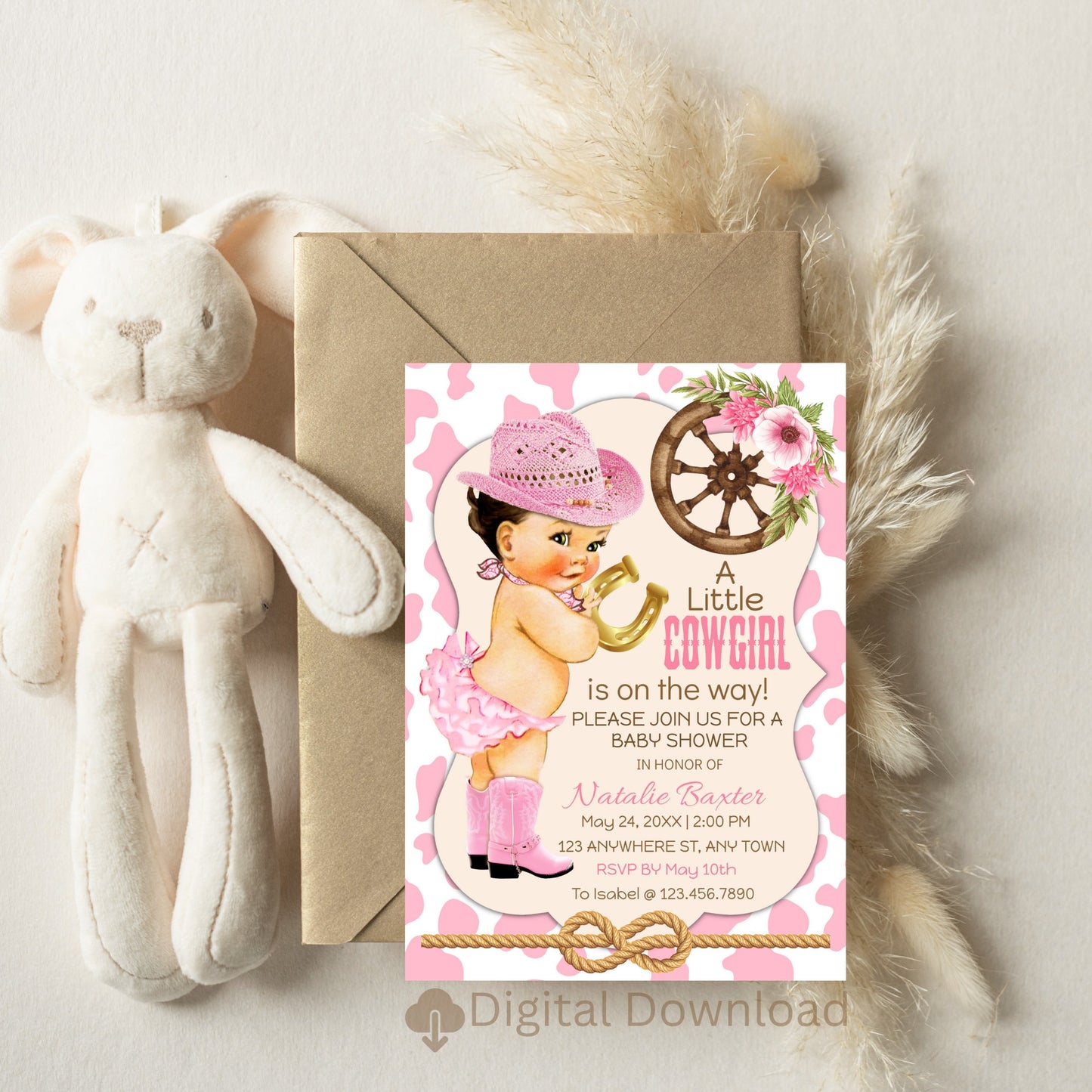 a little cowgirl rustic baby shower invitation, printable and editable 5x7 western baby shower invitation, brunette, pink cow print