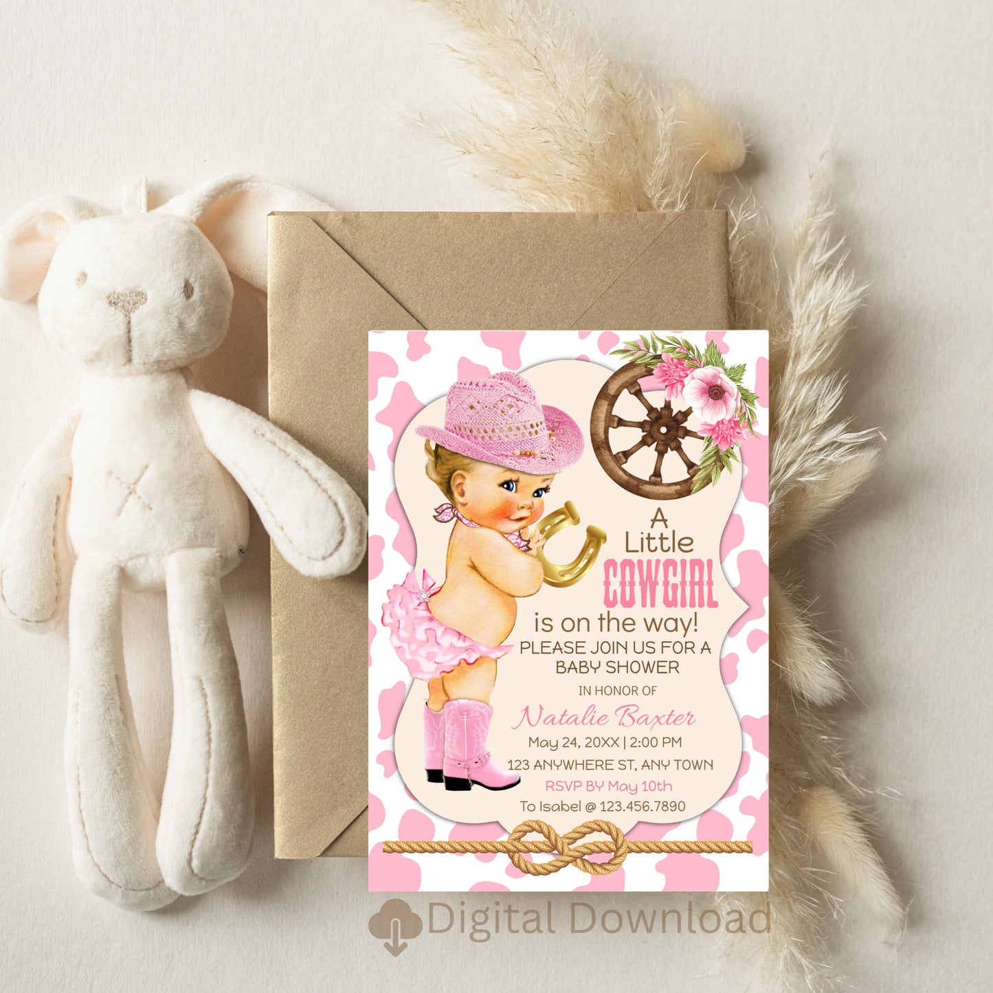 a little cowgirl rustic baby shower invitation, printable and editable 5x7 western baby shower invitation, blonde, pink cow print