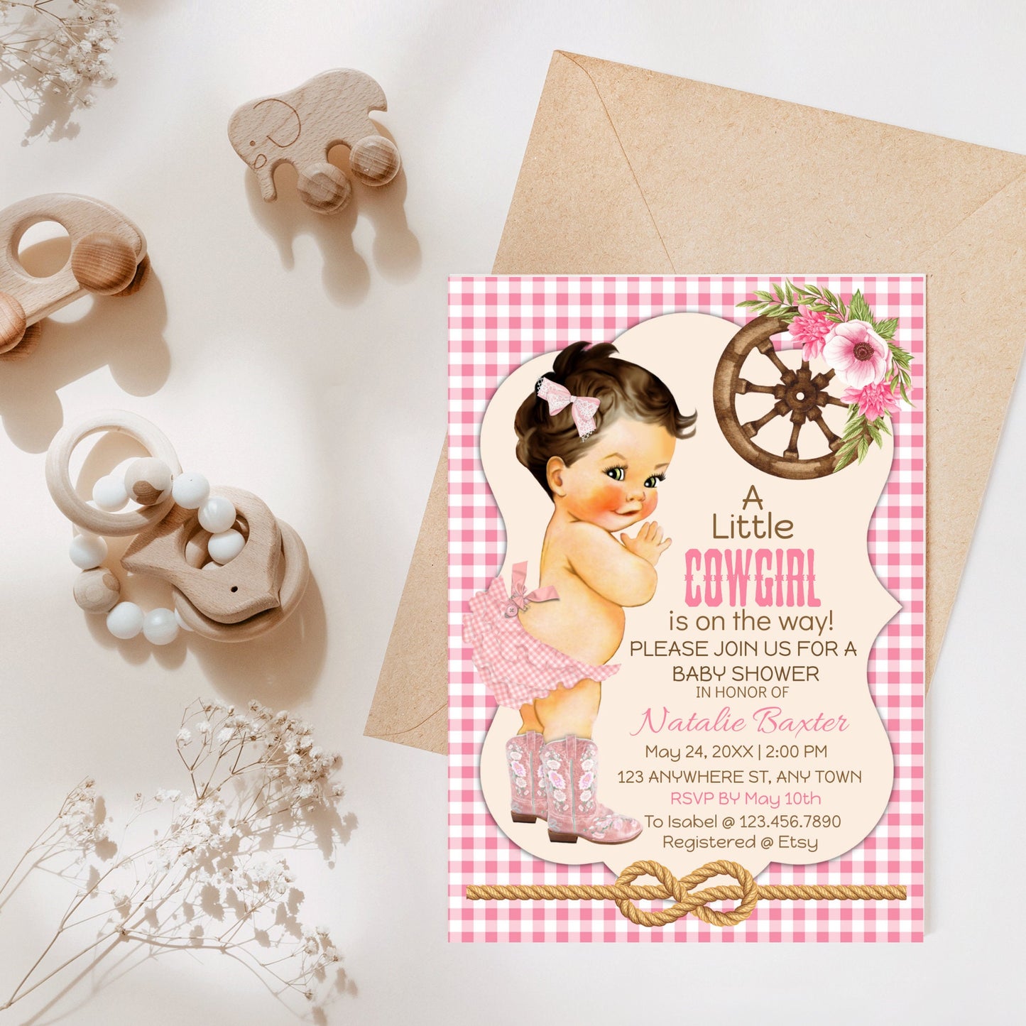 a little cowgirl rustic baby shower invitation, printable and editable 5x7 western baby shower invitation, brunette, pink gingham