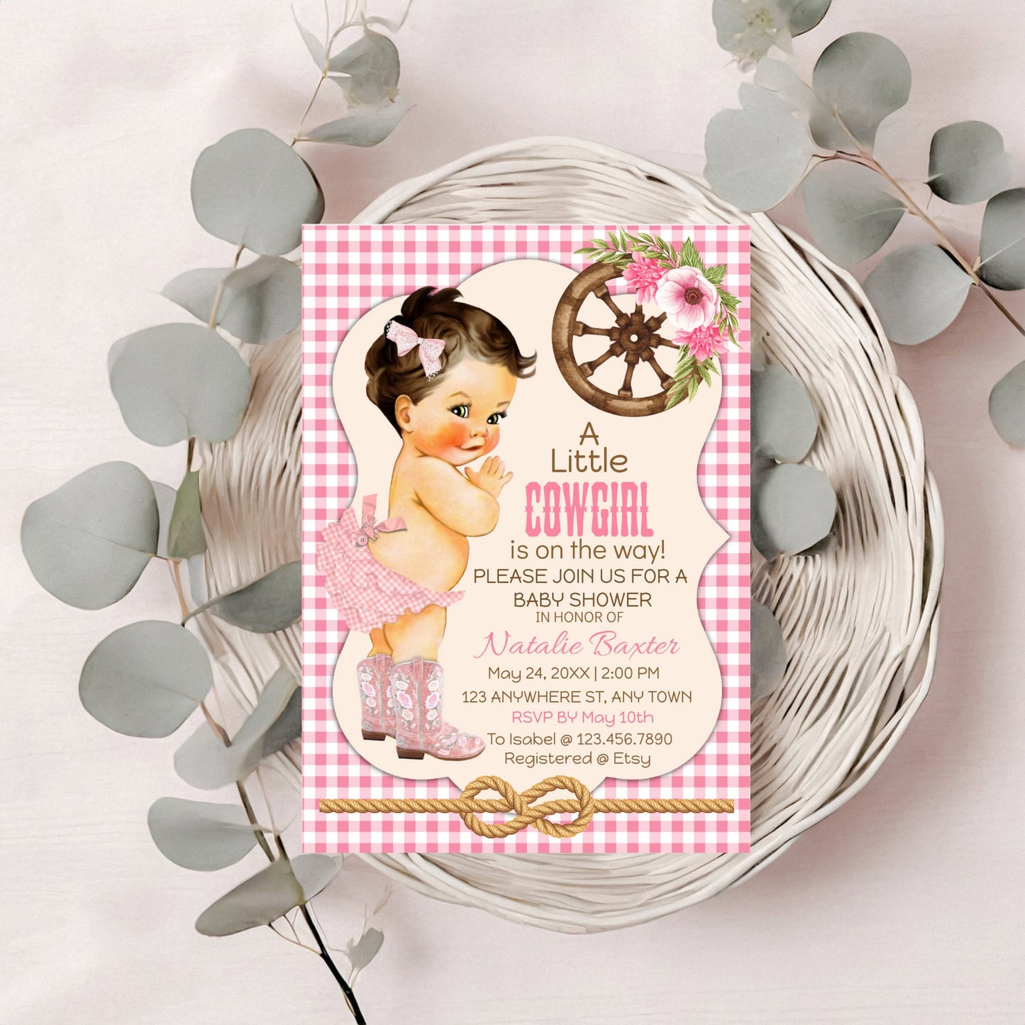 a little cowgirl rustic baby shower invitation, printable and editable 5x7 western baby shower invitation, brunette, pink gingham