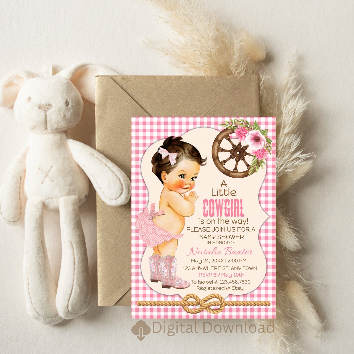 a little cowgirl rustic baby shower invitation, printable and editable 5x7 western baby shower invitation, brunette, pink gingham