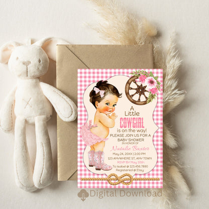 A Little Cowgirl Rustic Baby Shower Invitation, Printable and Editable 5x7 Western Baby Shower Invitation, Brunette, Pink Gingham