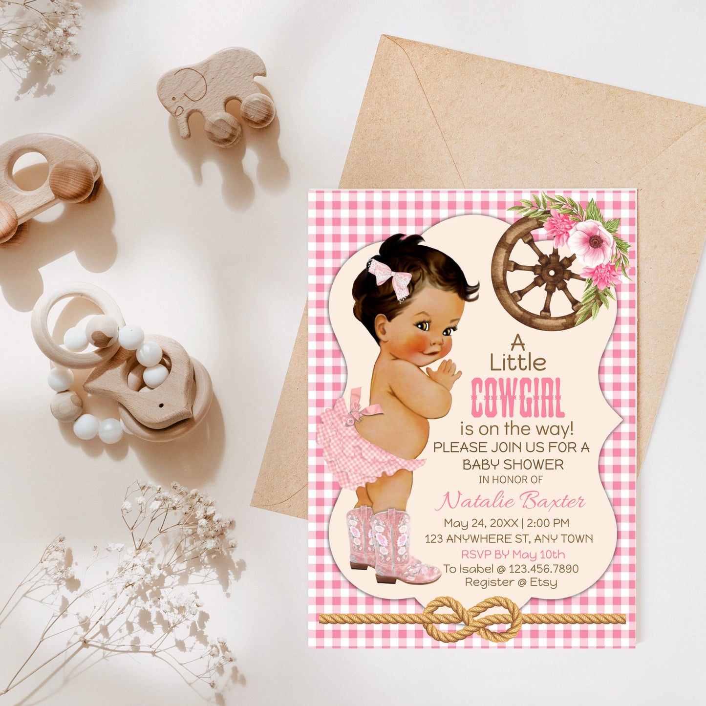 a little cowgirl rustic baby shower invitation, printable and editable 5x7 western baby shower invitation, tan brunette, pink gingham