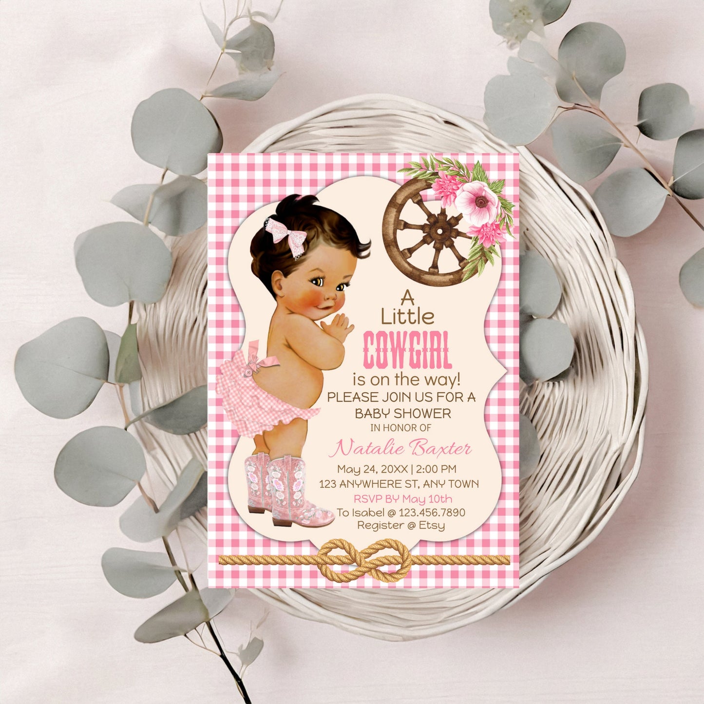 a little cowgirl rustic baby shower invitation, printable and editable 5x7 western baby shower invitation, tan brunette, pink gingham