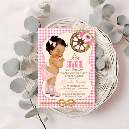 A Little Cowgirl Rustic Baby Shower Invitation, Printable and Editable 5x7 Western Baby Shower Invitation, Tan Brunette, Pink Gingham