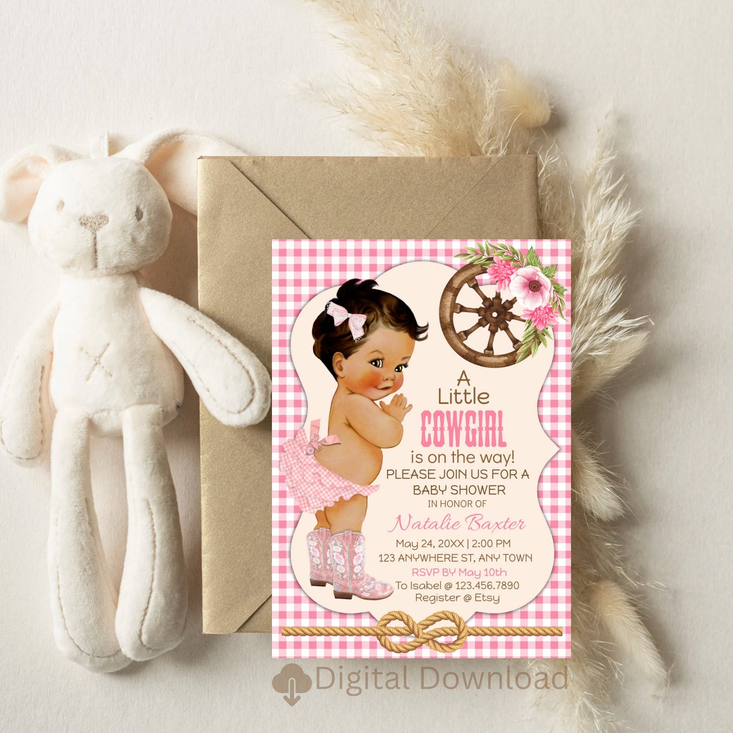 a little cowgirl rustic baby shower invitation, printable and editable 5x7 western baby shower invitation, tan brunette, pink gingham