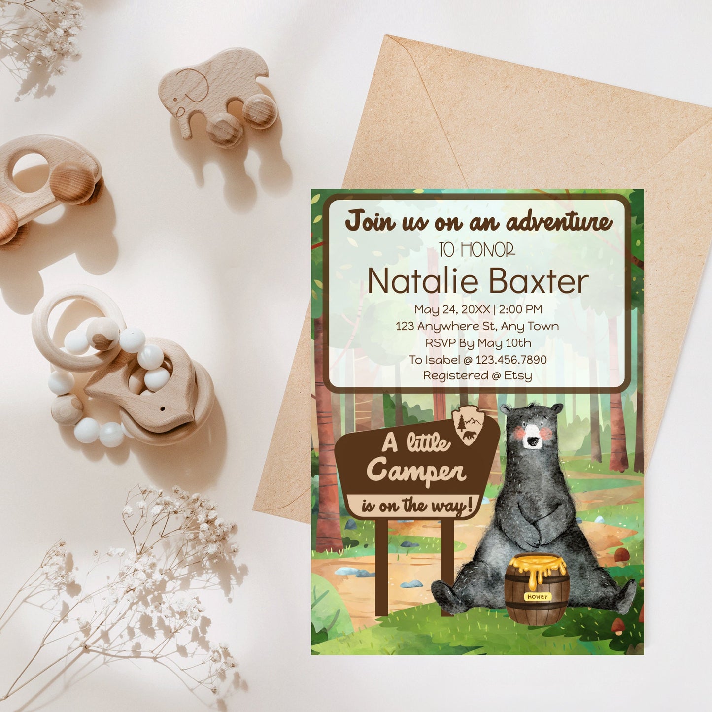 a little camper is on the way, printable and editable 5x7 national park baby shower invitations, gender neutral baby shower invites