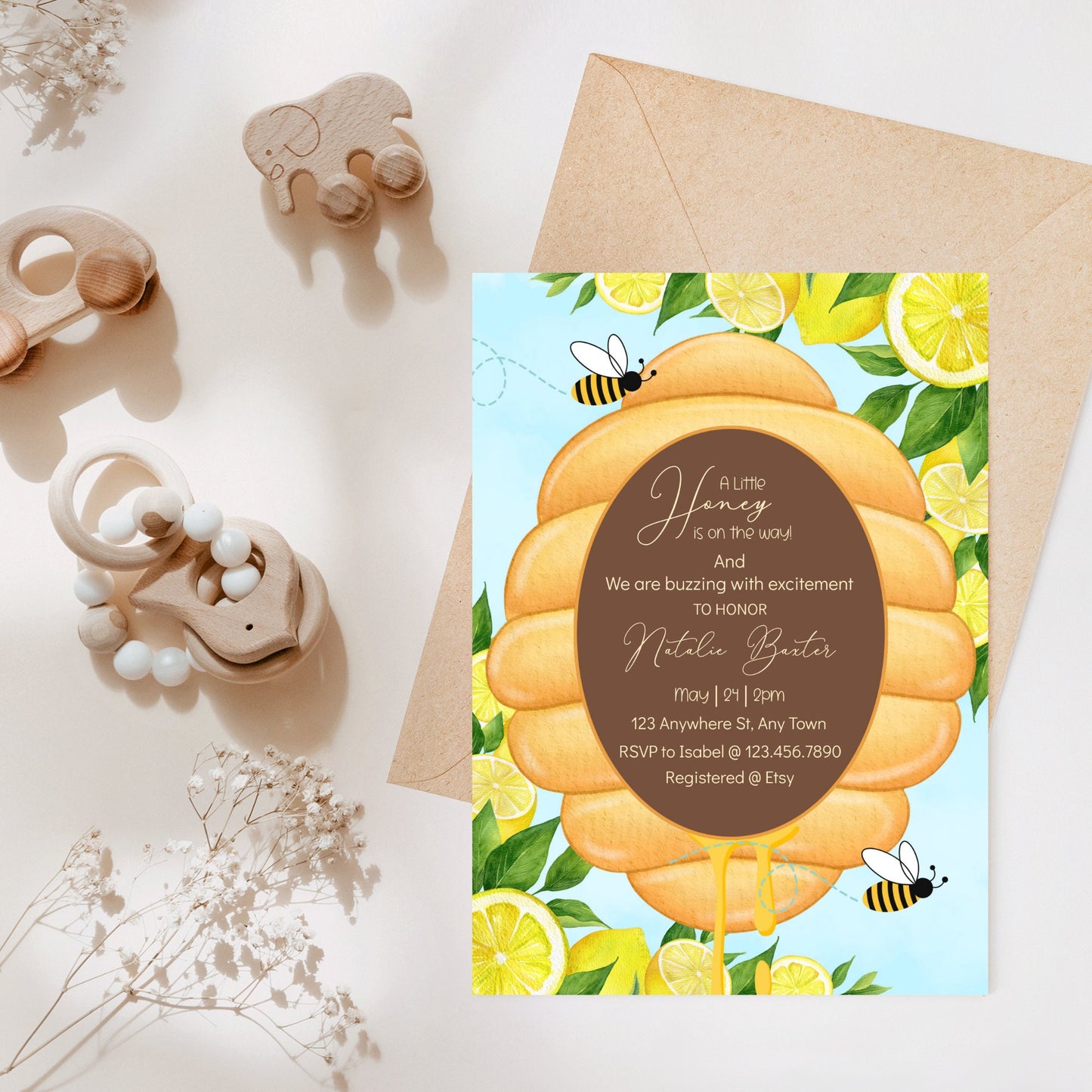 bee baby shower invitation, spring baby shower, lemon invitations, a honey is on the way, gender neutral invitations printable and editable