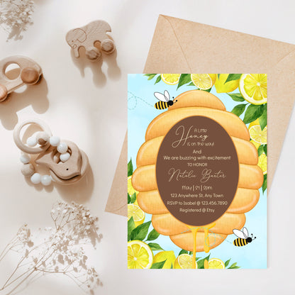 Bee Baby Shower Invitation, Spring Baby Shower, Lemon Invitations, A Honey Is On The Way, Gender Neutral Invitations Printable and Editable