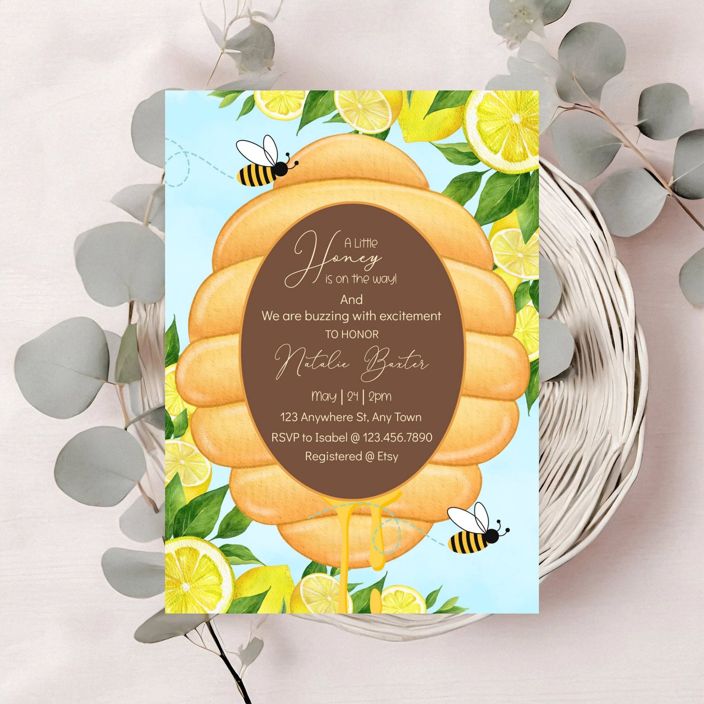 bee baby shower invitation, spring baby shower, lemon invitations, a honey is on the way, gender neutral invitations printable and editable