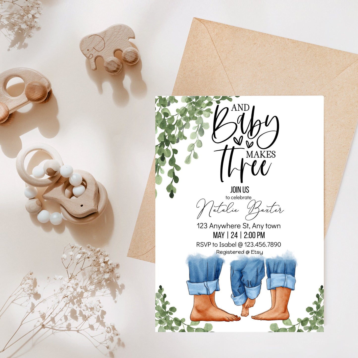 eucalyptus greenery baby shower invitations, and baby makes three, printable minimalist baby shower invitations, gender neutral baby shower