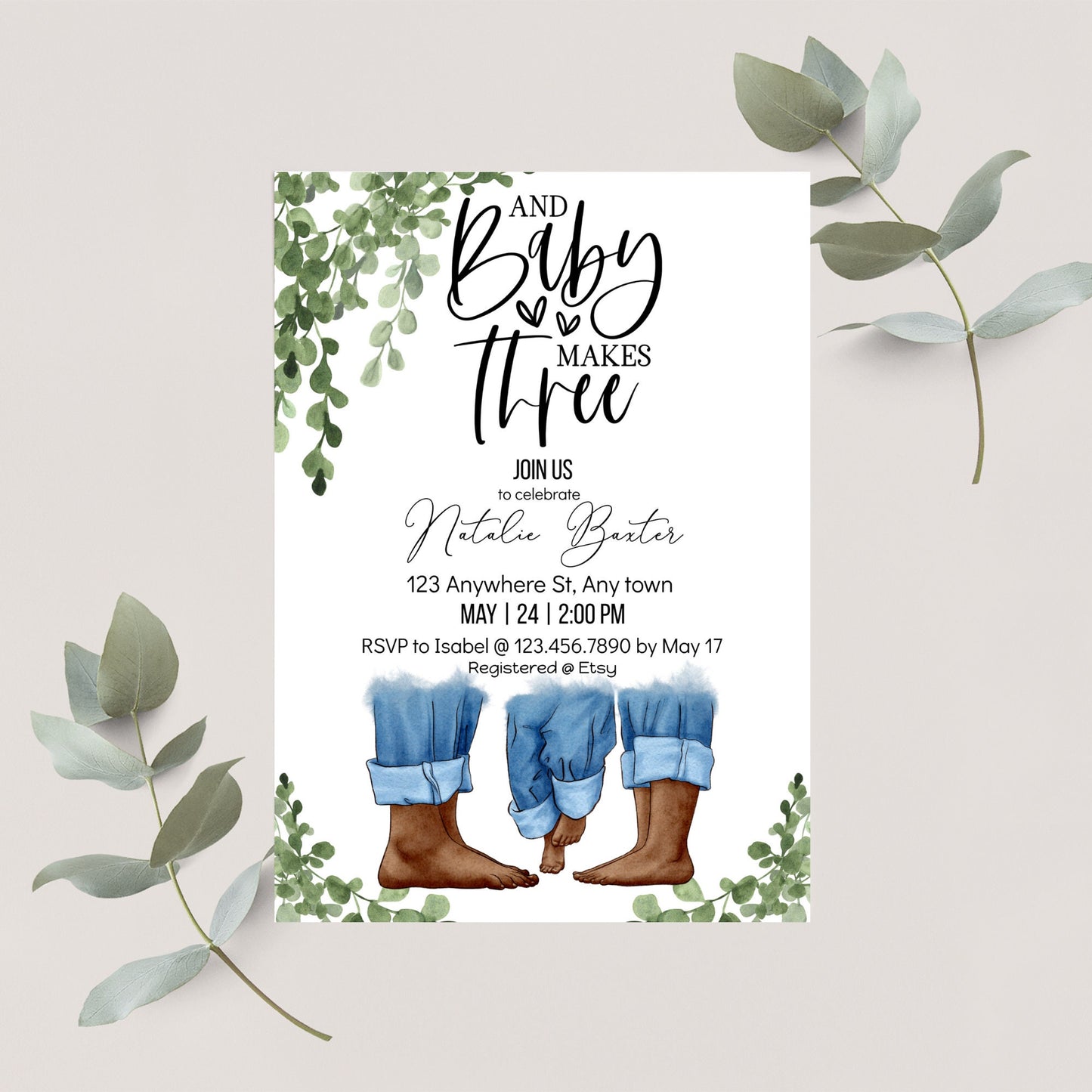 eucalyptus greenery minimalist baby shower invitations, baby makes three, printable baby shower invitations, neutral baby,african american i