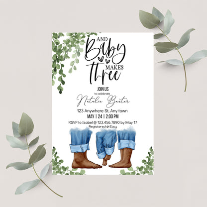 Eucalyptus Greenery Minimalist Baby Shower Invitations, Baby Makes Three, Printable Baby Shower Invitations, Neutral Baby,African American I