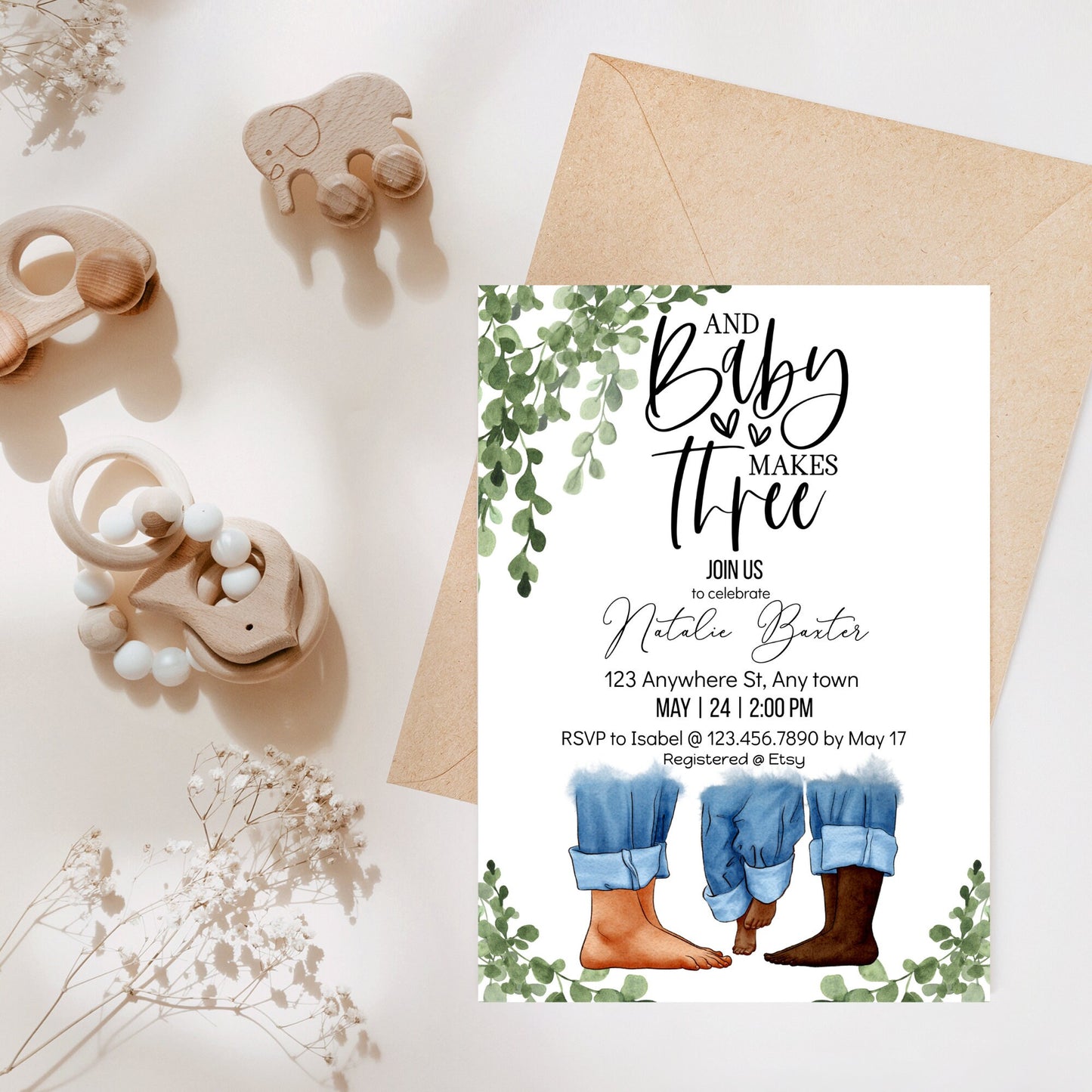 eucalyptus greenery baby shower invitations, baby makes three, printable minimalist baby shower invitations, gender neutral , interracial ii