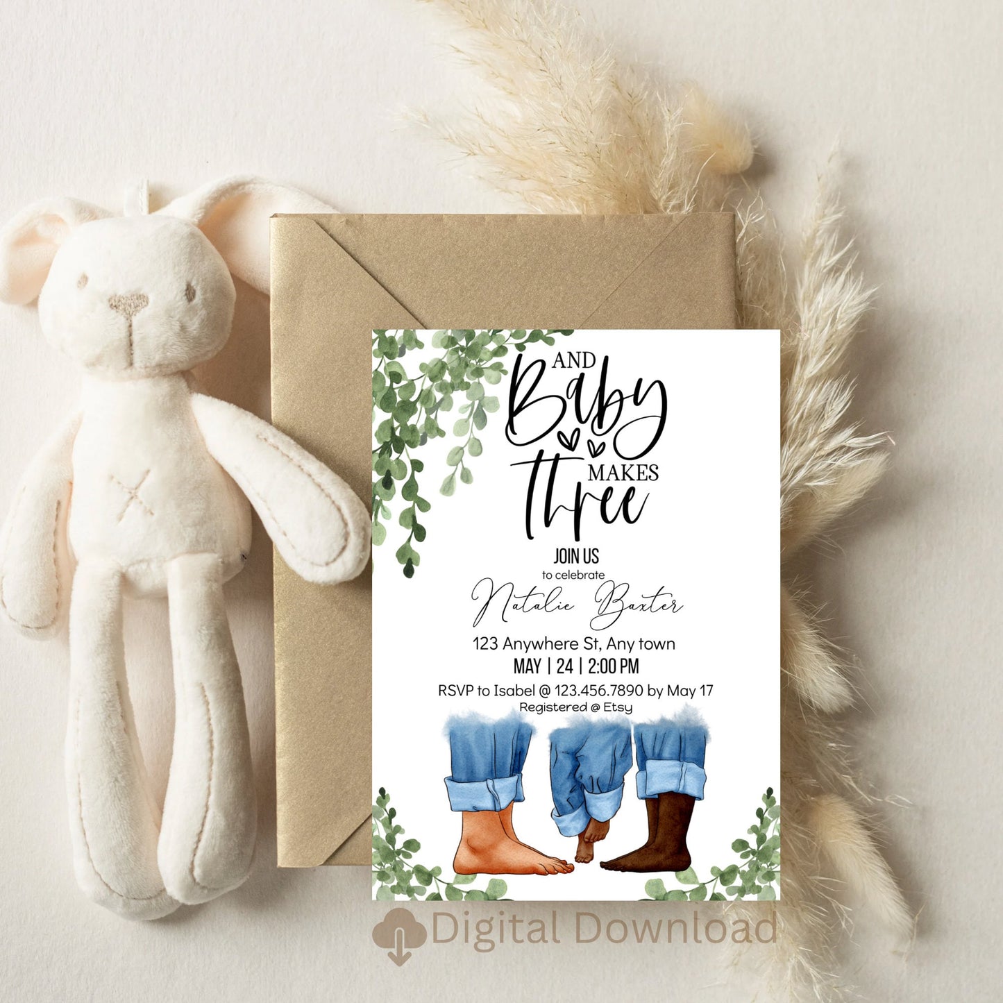 eucalyptus greenery baby shower invitations, baby makes three, printable minimalist baby shower invitations, gender neutral , interracial ii