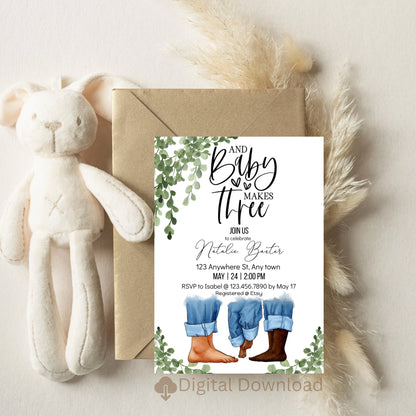 Eucalyptus Greenery Baby Shower Invitations, Baby Makes Three, Printable Minimalist Baby Shower Invitations, Gender Neutral , Interracial II